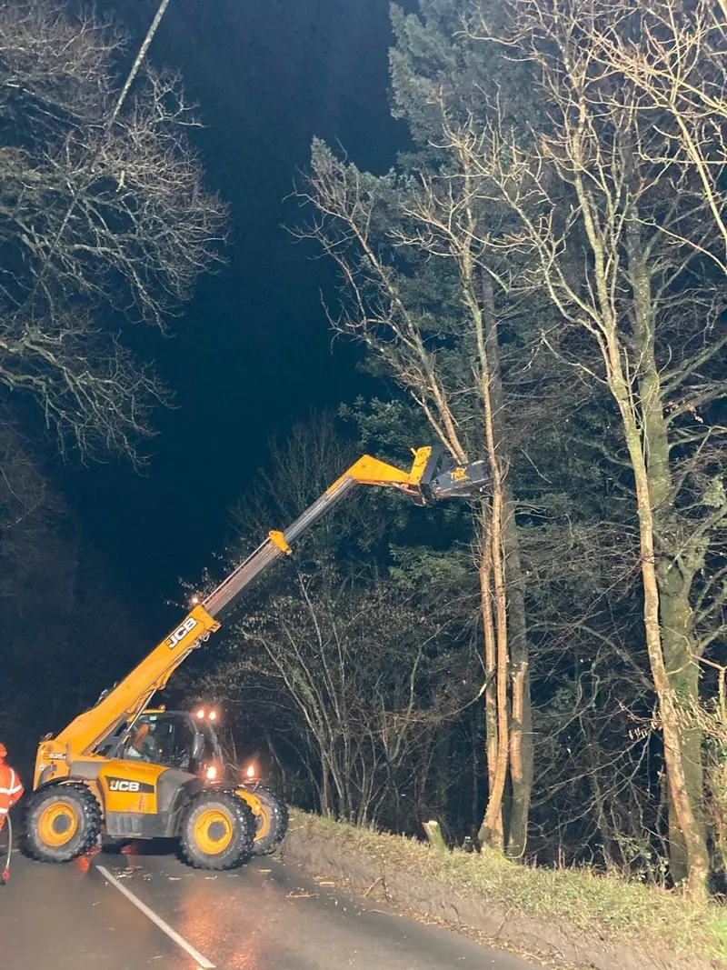 Treebor carrying out night-time roadside tree clearance with a JCB telehandler in Somerset