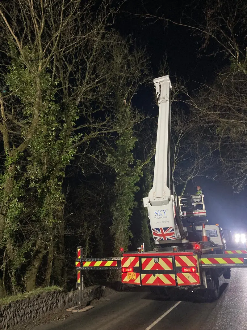 37 metre MEWP being used for night-time tree work at Brayford