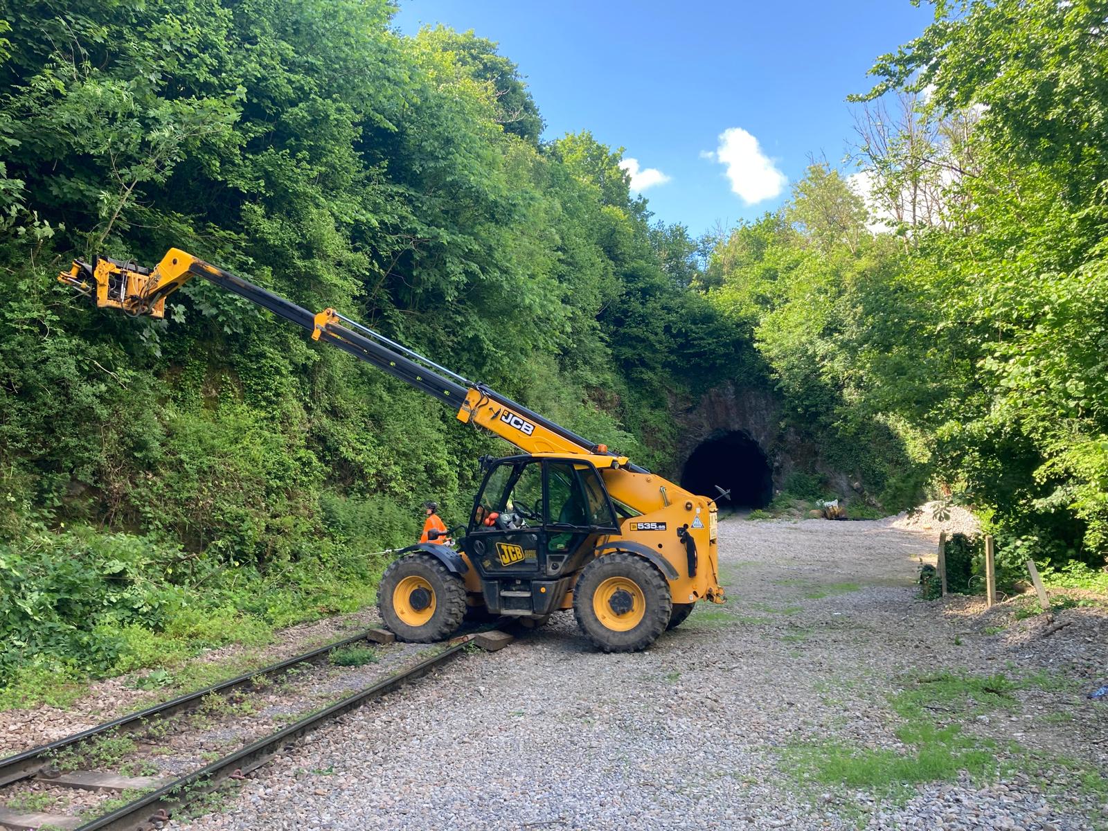 JCB telehandler with tree shears removing ash dieback trees along the railway line at Great Elm, Somerset