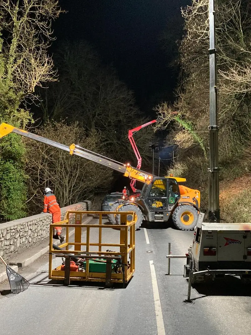 Night-time roadside tree clearance with telehandler and access platform